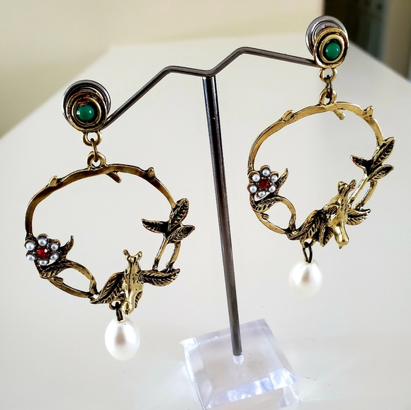 1 Left! Antique Branch Bird Pearl Unique Earrings - Picture 2 of 4